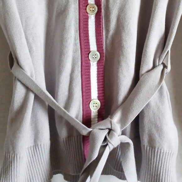 Lacoste Women's Stipe Detail Belted Button-Front Cardigan - Grey/Pink - Picture 12 of 16